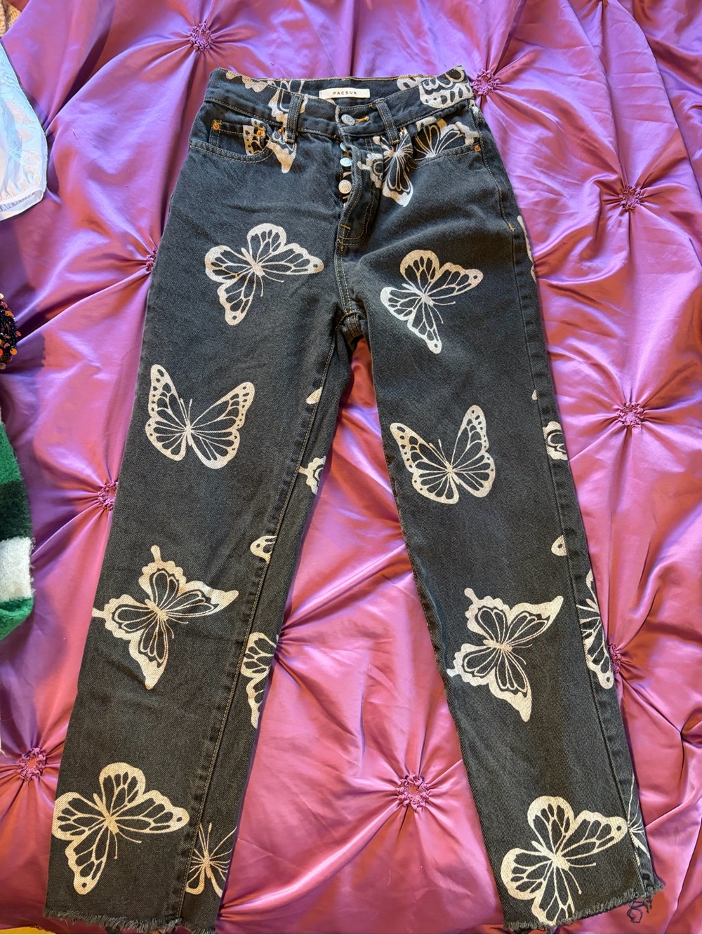 PacSun Black Straight Leg Jeans with White Butterfly Print